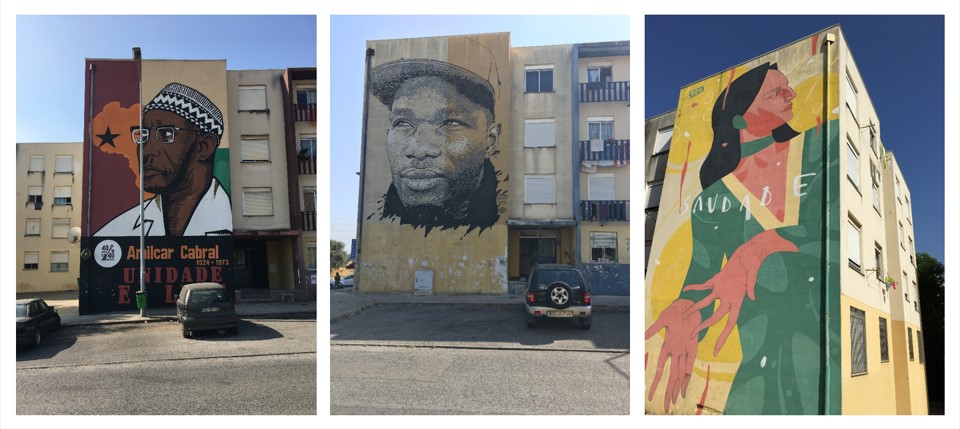 Street art in Quinta do Mocho depicting (l-r) Amilcar Cabral (anticolonial leader from Guinea-Bissau), DJ Nervoso (local DJ and mentor of DJ Marfox) and Amália Rodrigues (fado singer)